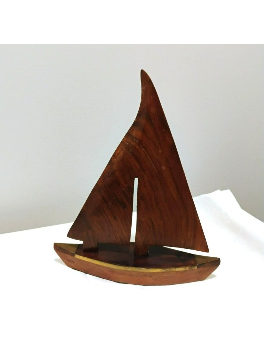 Vintage Mid-Century Wooden Sailboat Figurine w Brass Accents 12" Nautical Decor